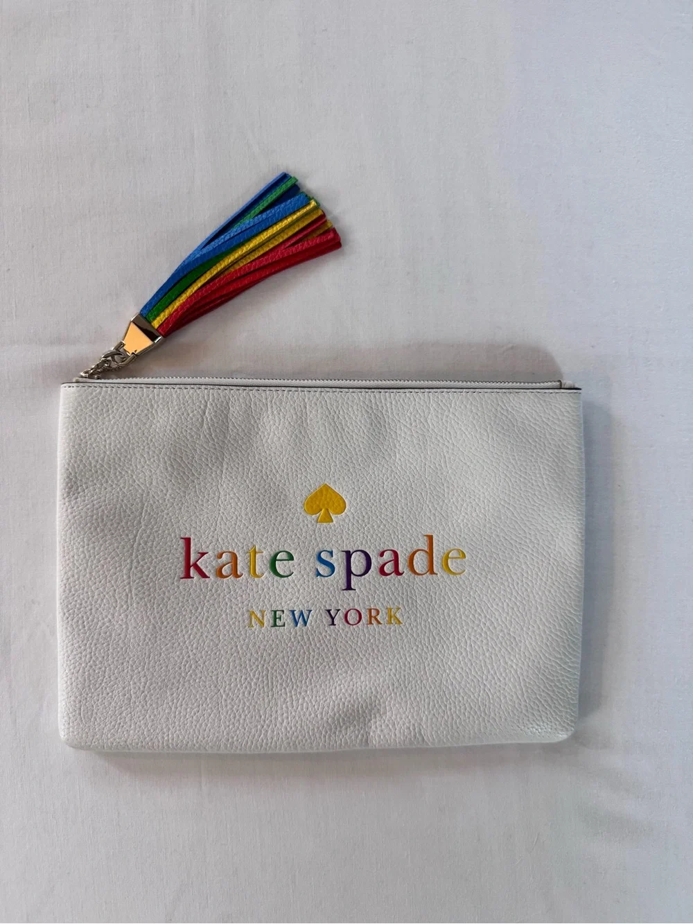 kate spade Kourtney Pride Clutch, White with Rainbow Logo and Tassel